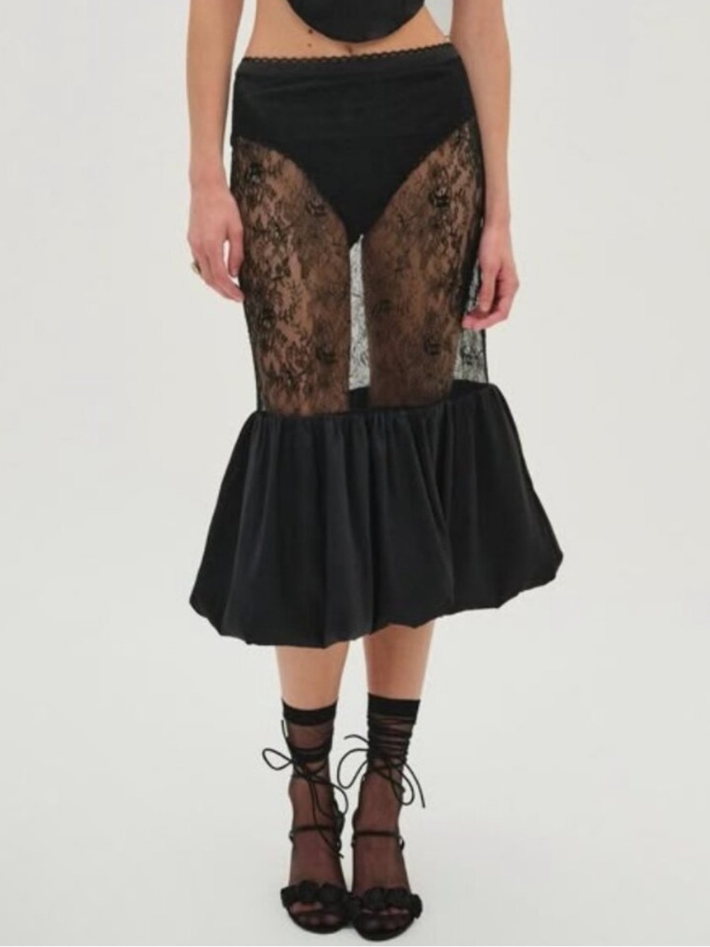 For Love & Lemons Bubble Hem Taffeta Lace Sheer Black Skirt w/ Built in Liner